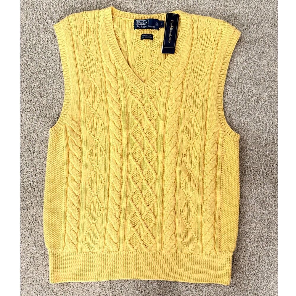 Polo Ralph Lauren Yellow Cable Knit Cashmere Cotton Sweater Vest L NWT